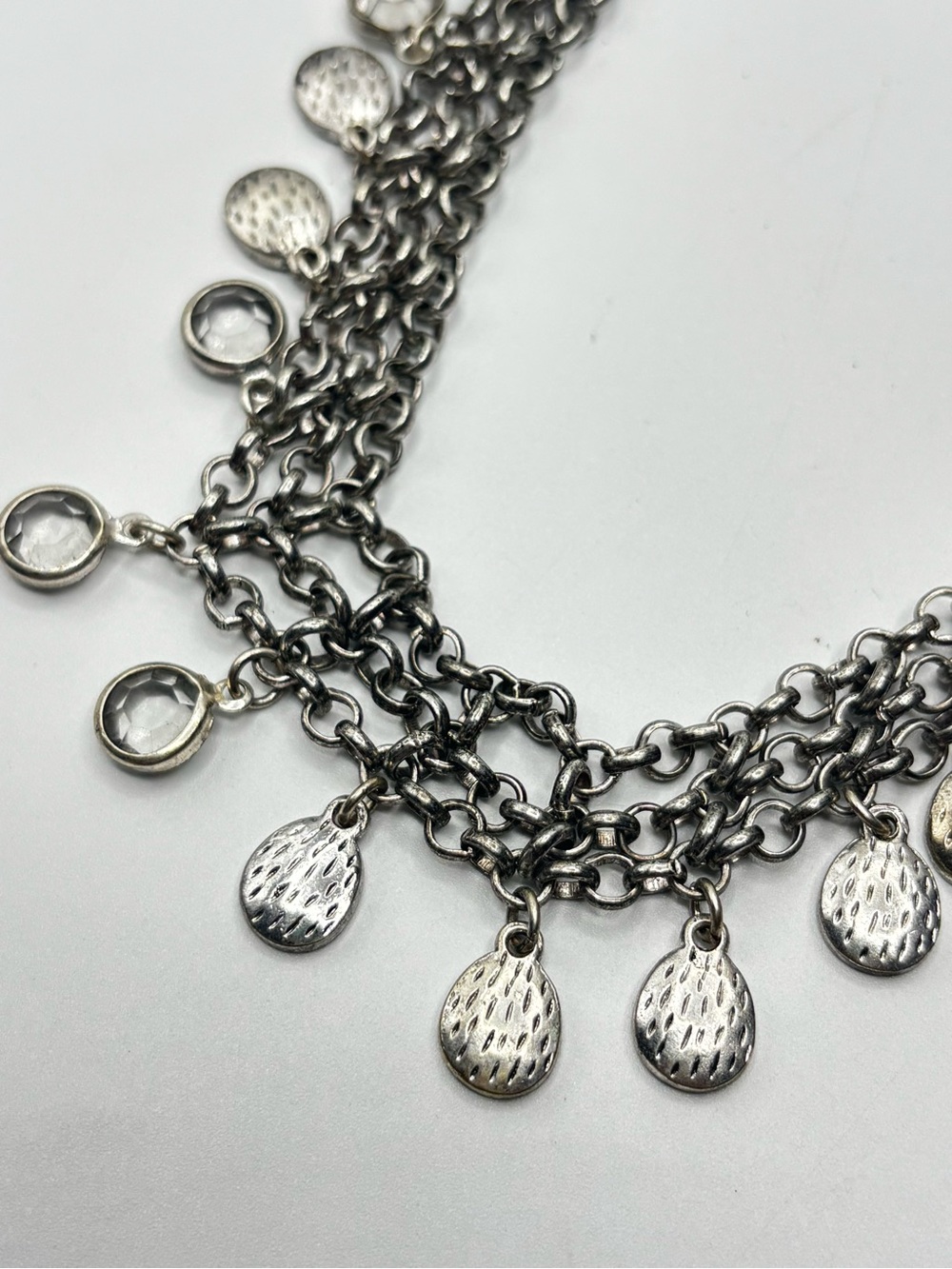 Silver Tone Multi Chain Charm Necklace Cha Cha Dangle Glass Textured Girlypunk - Picture 5 of 5